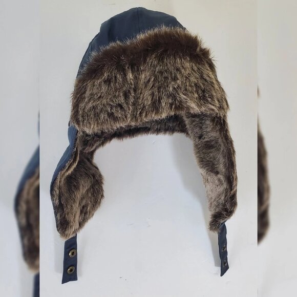 TRUE RELIGION FAUX FUR TRAPPER AVIATOR HAT STITCHED WITH PATCH ICONIC LOGO BLUE - Picture 5 of 6